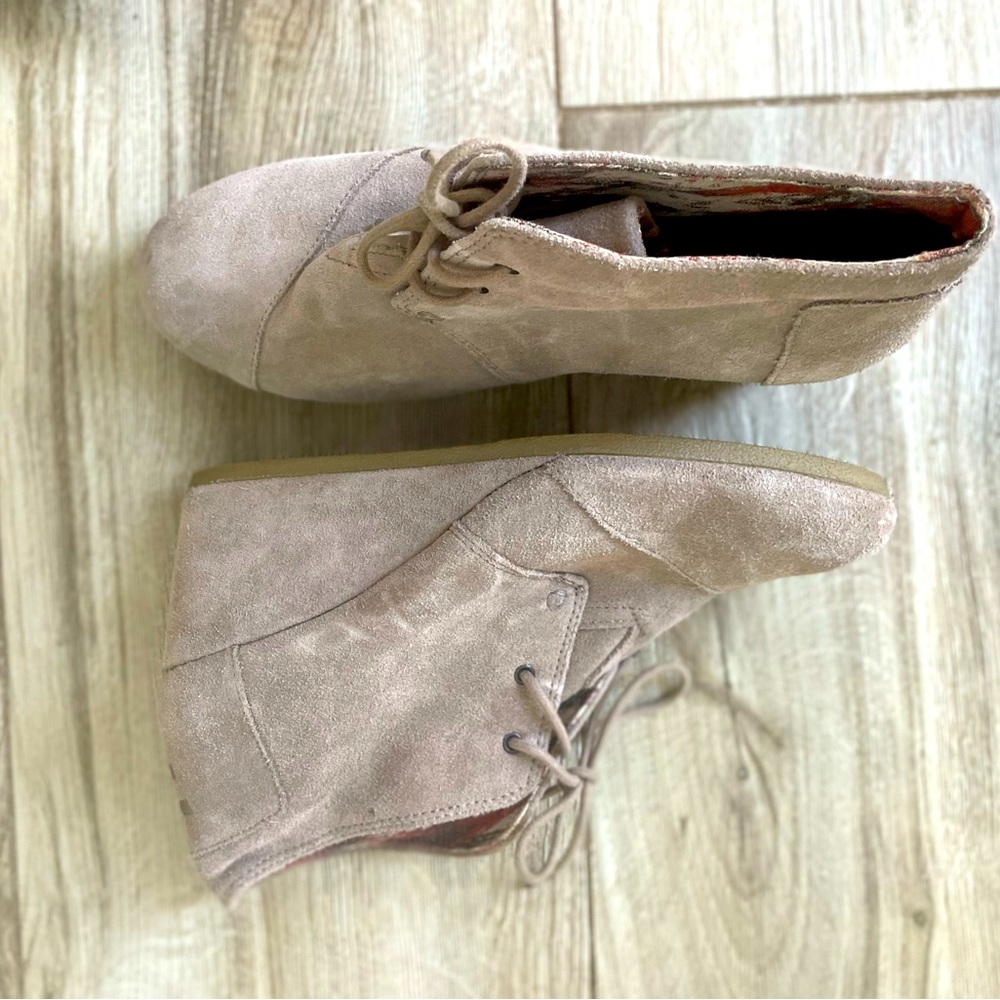 TOMS wedge booties - beige. Lots of life left! Suede. Size 11